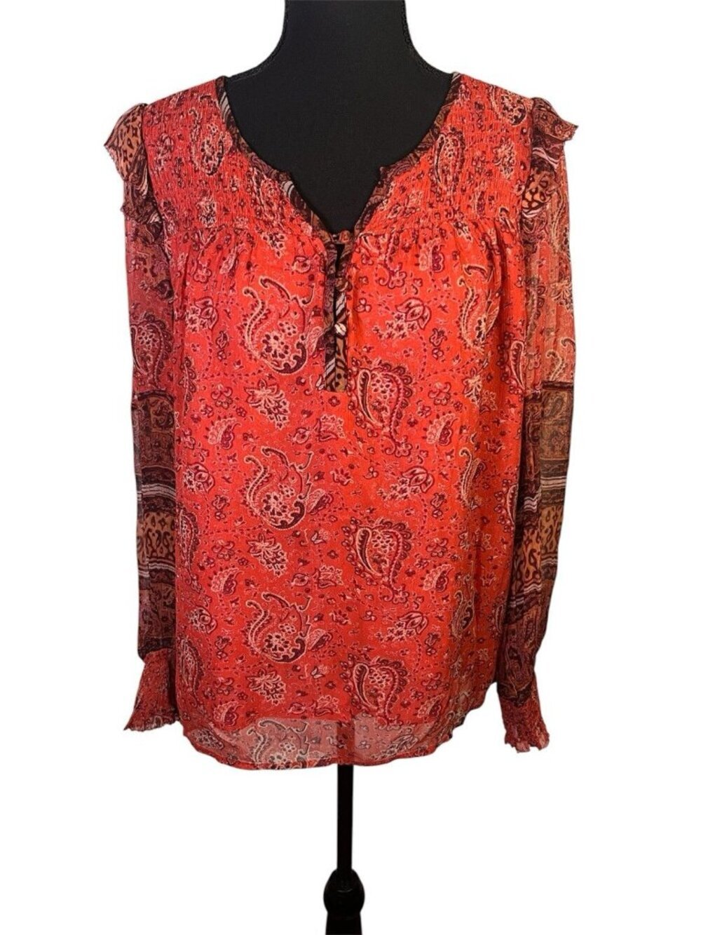 Sundance Long Sleeve Viscose Crinkle Top Sz S Boho Smocked Paisley Peasant V Nec - Picture 2 of 9